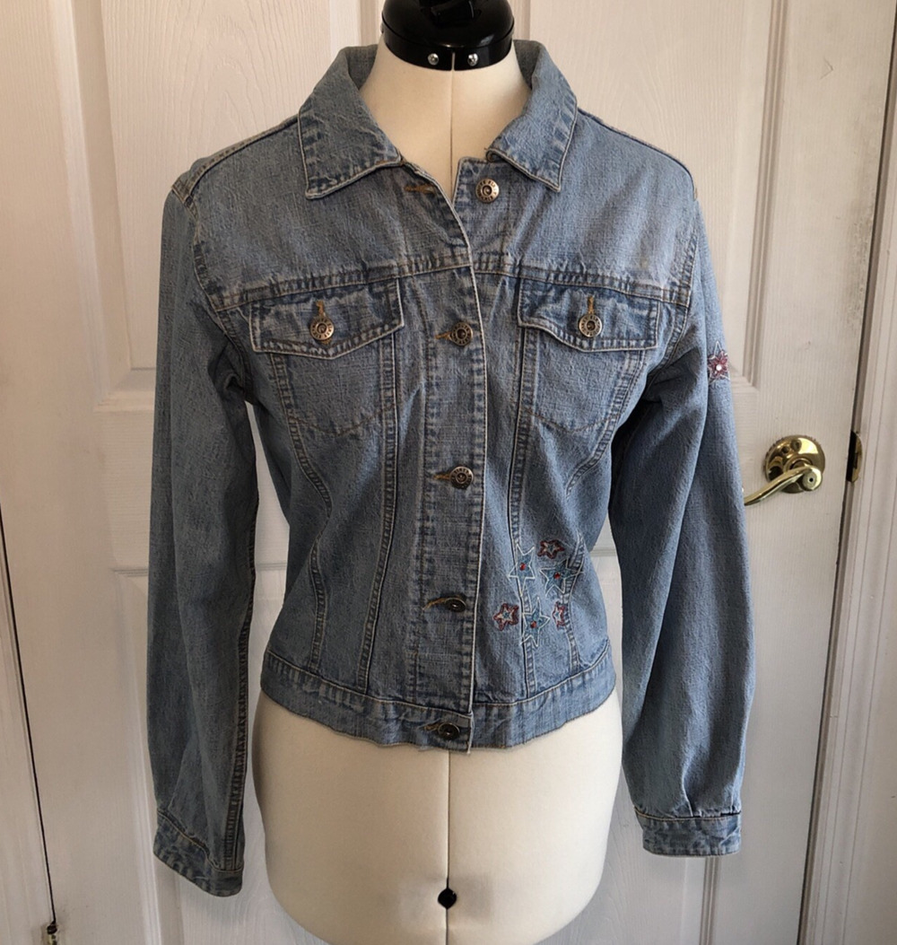 Vtg Y2K cropped Jean jacket Route 66 rembroidered stars and stripes flag Size SM